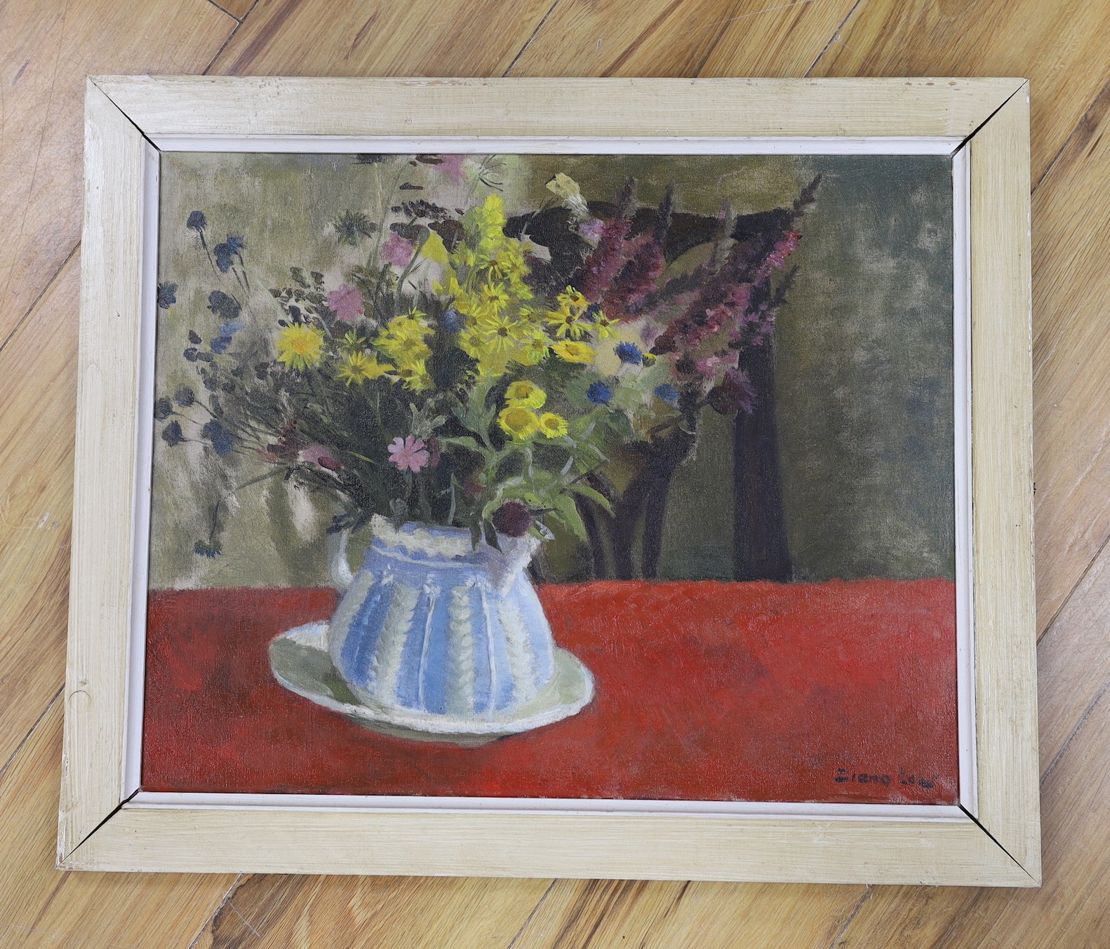 Diana Maxwell Low (1911-1975), oil on canvas, 'Wild flowers in a blue jug', signed, with artist label verso, 40 x 50cm